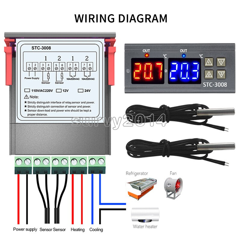 STC-3008 12V/24V 110-220V Dual LED Thermostat Temperature Controller with Probe