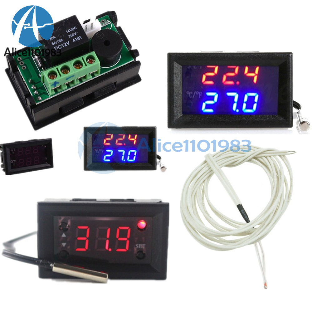Red/Blue W1218 Thermostat DC 12V+3-Digit NTC Probe Controller Replace W1209WK