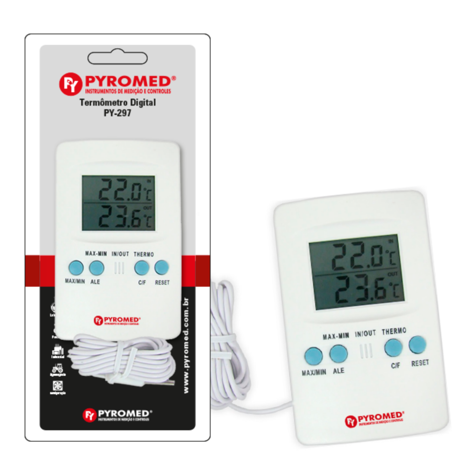 Termômetro Digital para Temperaturas Internas e Externas com Função Máxima e Mínima | PYROMED® PY297